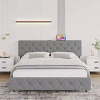 Bed Frame, Full Size Bed - Upholstered Platform with Adjustable Headboard, Linen Fabric, USB Ports, No Box Spring Needed (Light Gray)