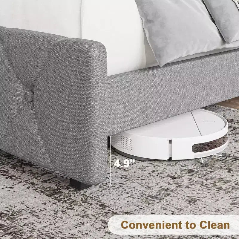 Cadre de lit, lit double – Plateforme capitonnée avec tête de lit réglable, tissu en lin, ports USB, pas besoin de sommier (gris clair)