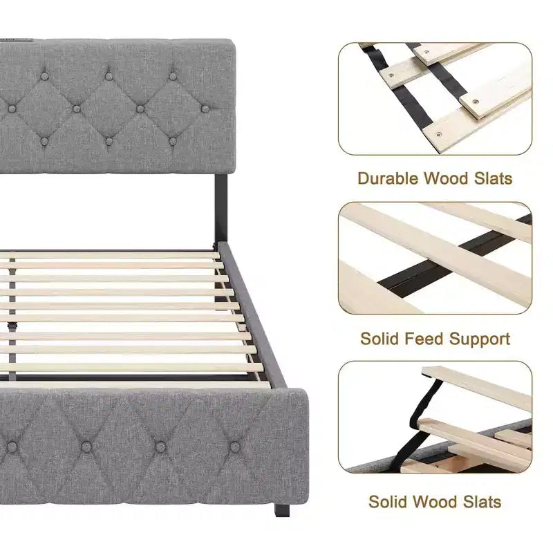 Cadre de lit, lit double – Plateforme capitonnée avec tête de lit réglable, tissu en lin, ports USB, pas besoin de sommier (gris clair)