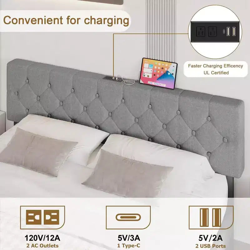 Cadre de lit, lit double – Plateforme capitonnée avec tête de lit réglable, tissu en lin, ports USB, pas besoin de sommier (gris clair)