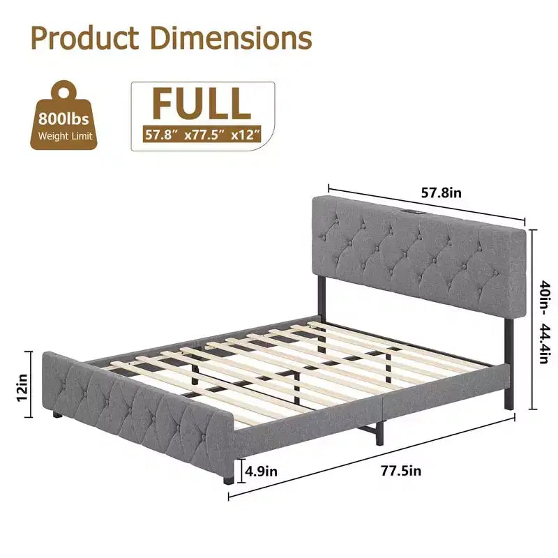 Cadre de lit, lit double – Plateforme capitonnée avec tête de lit réglable, tissu en lin, ports USB, pas besoin de sommier (gris clair)