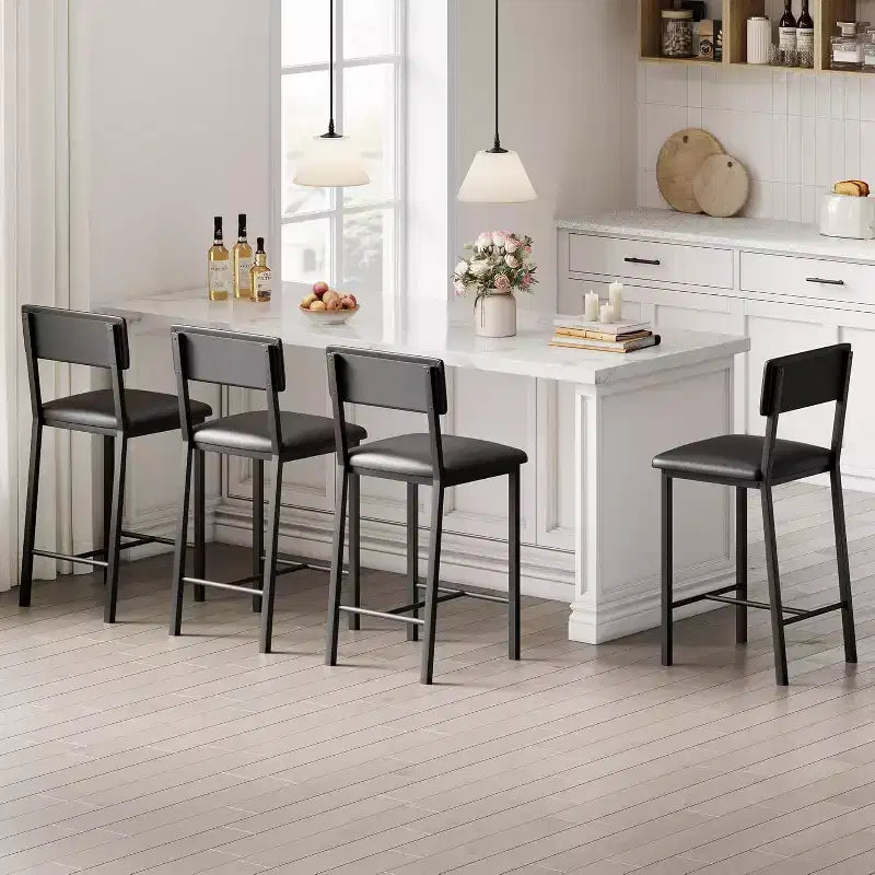 Lot de 4 tabourets de bar, tabourets de comptoir avec dossier et pieds en métal épaissi, tabourets de bar rembourrés en cuir PU à hauteur de comptoir avec repose-pieds