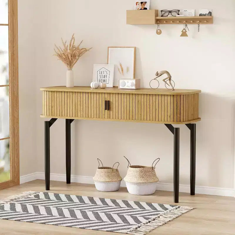Acekool 47 Oak Narrow Console Table with Drawers and Bottom Shelf, Long Entryway and Sofa Table for Hallway and Living Room