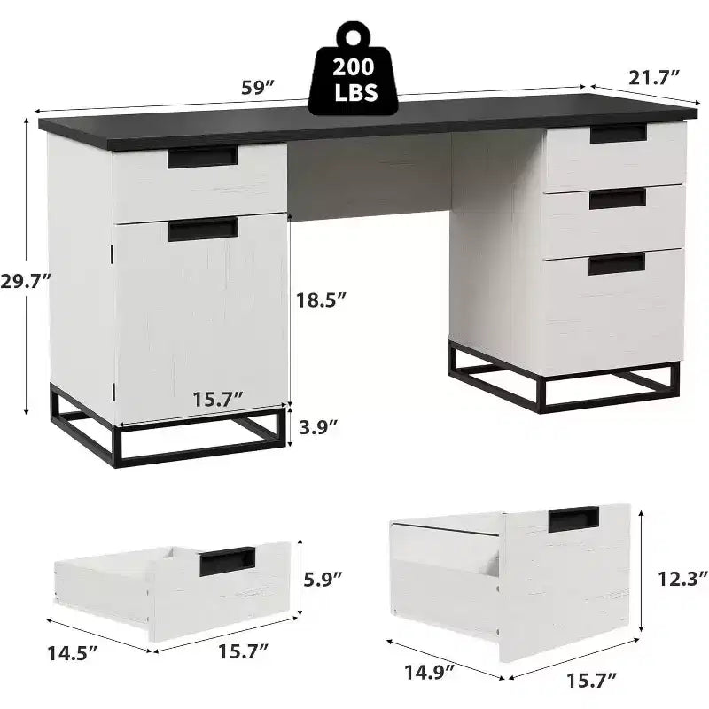 Acekool 59 Bureau de direction de ferme avec tiroir de classement, armoire de rangement et 3 tiroirs, table d'ordinateur en bois pour le travail et les études