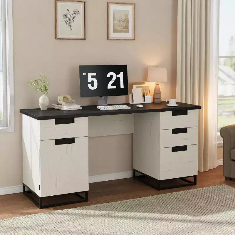 Acekool 59 Bureau de direction de ferme avec tiroir de classement, armoire de rangement et 3 tiroirs, table d'ordinateur en bois pour le travail et les études