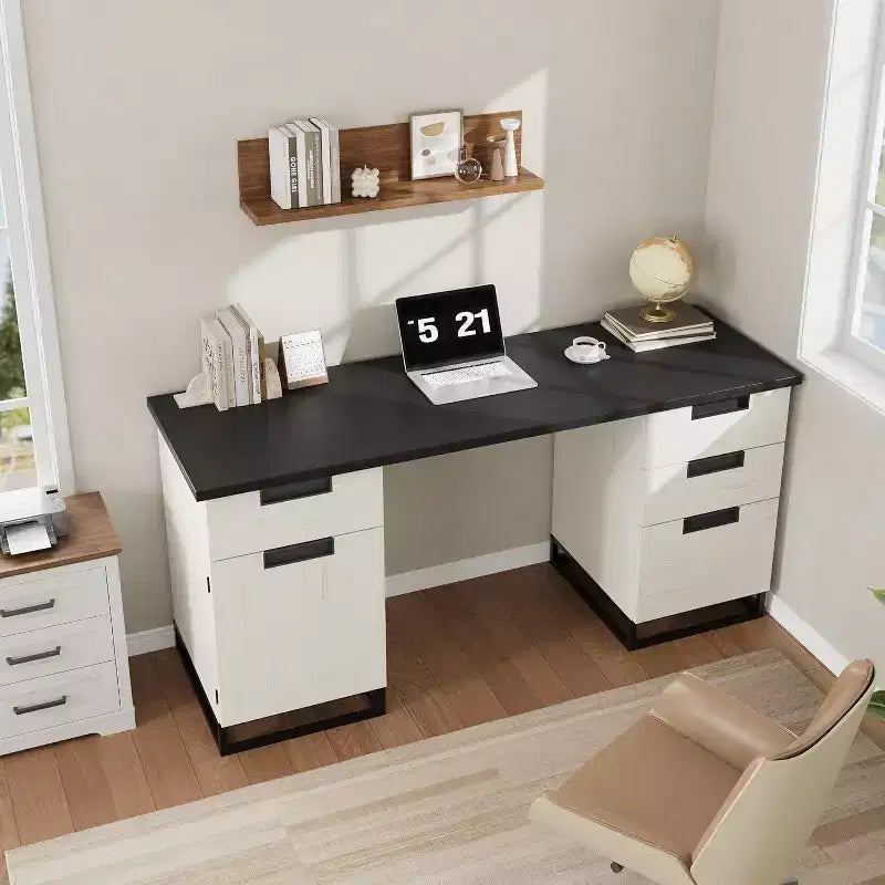 Acekool 59 Bureau de direction de ferme avec tiroir de classement, armoire de rangement et 3 tiroirs, table d'ordinateur en bois pour le travail et les études