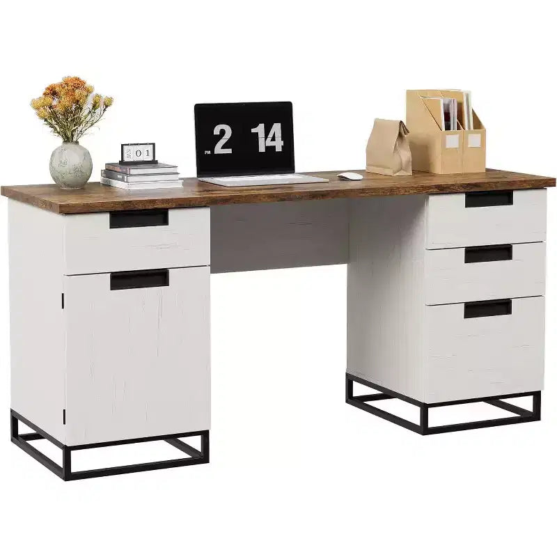 Acekool 59 Bureau de direction de ferme avec tiroir de classement, armoire de rangement et 3 tiroirs, table d'ordinateur en bois pour le travail et les études