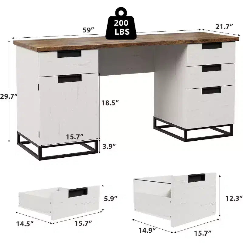 Acekool 59 Bureau de direction de ferme avec tiroir de classement, armoire de rangement et 3 tiroirs, table d'ordinateur en bois pour le travail et les études