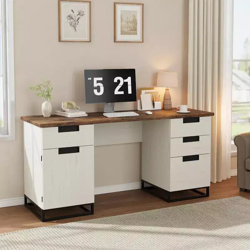 Acekool 59 Bureau de direction de ferme avec tiroir de classement, armoire de rangement et 3 tiroirs, table d'ordinateur en bois pour le travail et les études