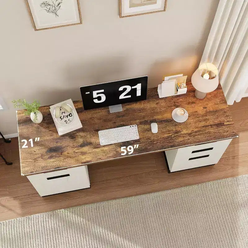 Acekool 59 Bureau de direction de ferme avec tiroir de classement, armoire de rangement et 3 tiroirs, table d'ordinateur en bois pour le travail et les études