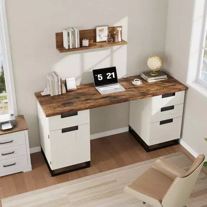 Acekool 59 Bureau de direction de ferme avec tiroir de classement, armoire de rangement et 3 tiroirs, table d'ordinateur en bois pour le travail et les études
