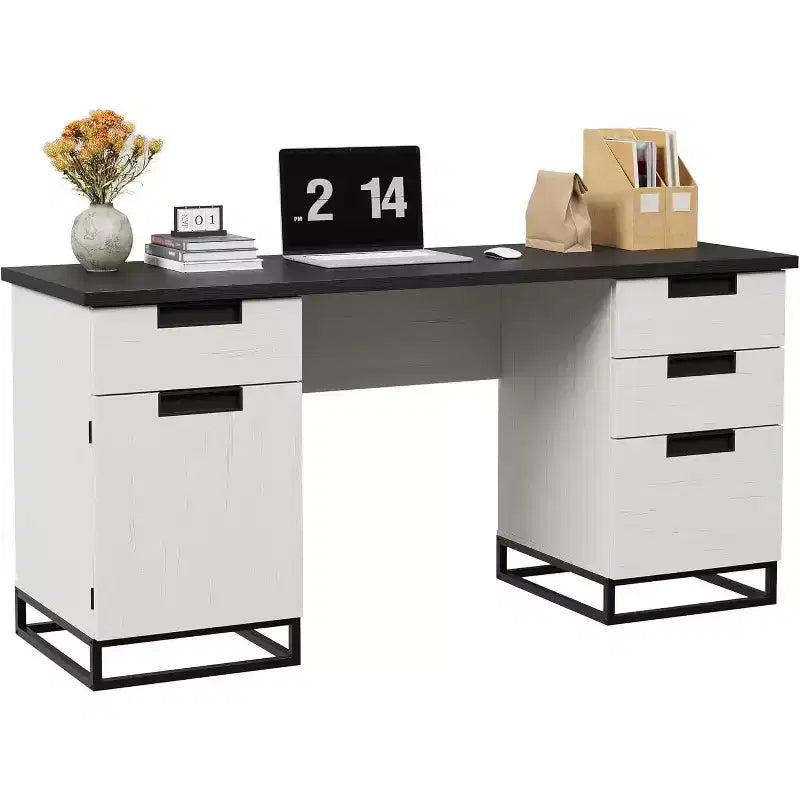 Acekool 59 Bureau de direction de ferme avec tiroir de classement, armoire de rangement et 3 tiroirs, table d'ordinateur en bois pour le travail et les études