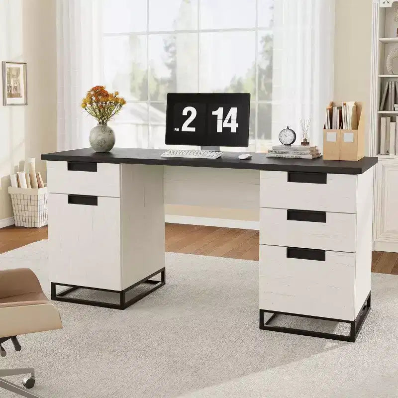Acekool 59 Bureau de direction de ferme avec tiroir de classement, armoire de rangement et 3 tiroirs, table d'ordinateur en bois pour le travail et les études