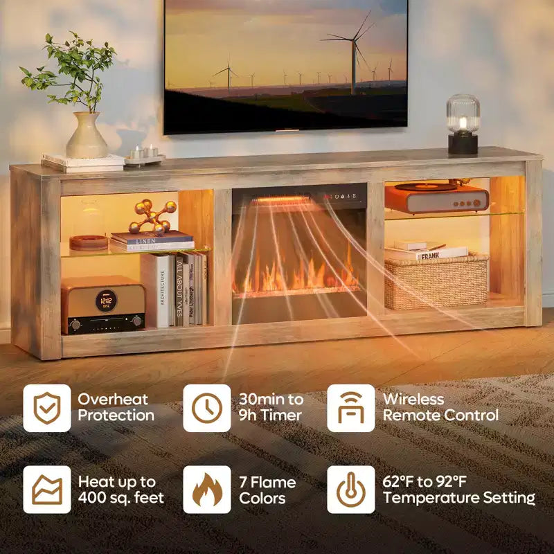 Meuble TV Bestier 63 pour téléviseurs jusqu'à 70 pouces, meuble de divertissement LED avec cheminée 18 pouces et étagères de rangement pour salon