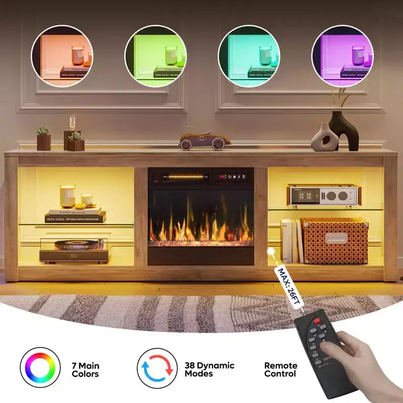 Meuble TV Bestier 63 pour téléviseurs jusqu'à 70 pouces, meuble de divertissement LED avec cheminée 18 pouces et étagères de rangement pour salon