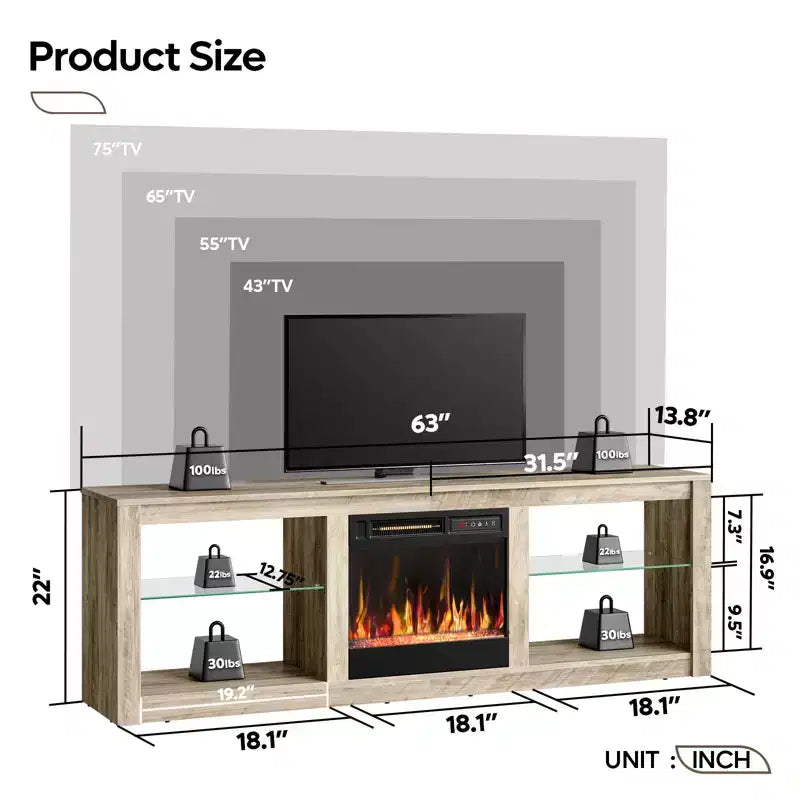 Meuble TV Bestier 63 pour téléviseurs jusqu'à 70 pouces, meuble de divertissement LED avec cheminée 18 pouces et étagères de rangement pour salon