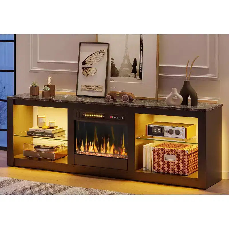 Meuble TV Bestier 63 pour téléviseurs jusqu'à 70 pouces, meuble de divertissement LED avec cheminée 18 pouces et étagères de rangement pour salon
