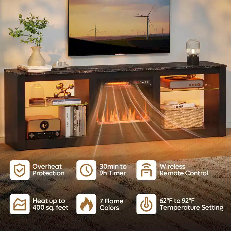 Meuble TV Bestier 63 pour téléviseurs jusqu'à 70 pouces, meuble de divertissement LED avec cheminée 18 pouces et étagères de rangement pour salon