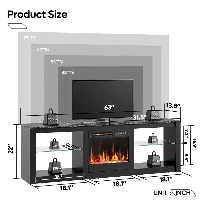 Meuble TV Bestier 63 pour téléviseurs jusqu'à 70 pouces, meuble de divertissement LED avec cheminée 18 pouces et étagères de rangement pour salon