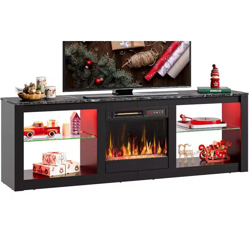 Meuble TV Bestier 63 pour téléviseurs jusqu'à 70 pouces, meuble de divertissement LED avec cheminée 18 pouces et étagères de rangement pour salon