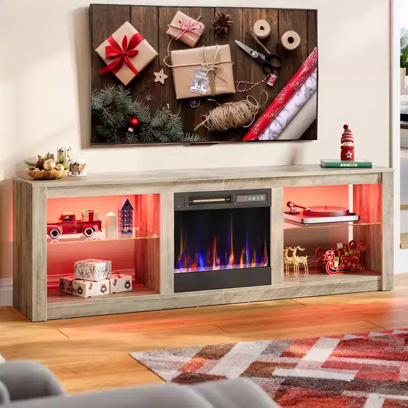 Meuble TV Bestier 63 pour téléviseurs jusqu'à 70 pouces, meuble de divertissement LED avec cheminée 18 pouces et étagères de rangement pour salon