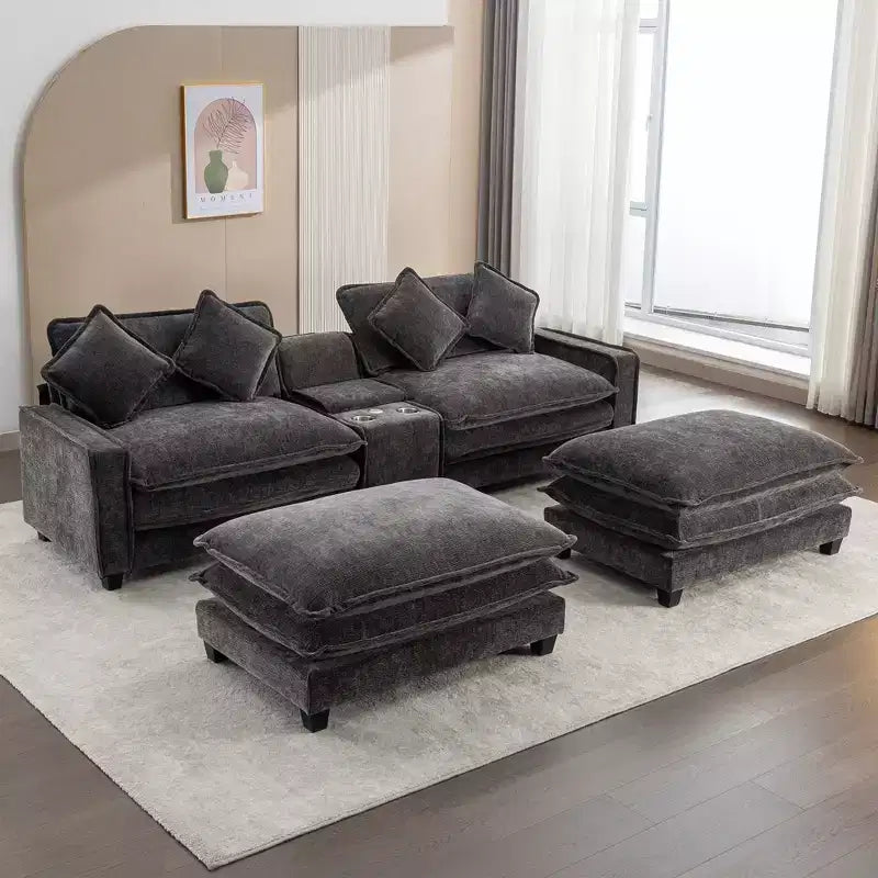 Canapé d'angle en chenille CLIHOME 112,6, avec deux ottomans amovibles et grand coffre de rangement