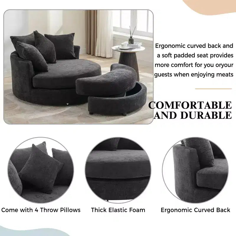 Fauteuil pivotant CLIHOME 360° avec pouf de rangement et 4 oreillers, fauteuil rond d'appoint moderne en chenille