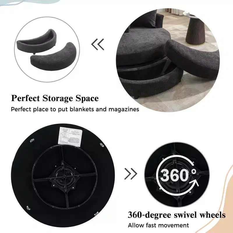 Fauteuil pivotant CLIHOME 360° avec pouf de rangement et 4 oreillers, fauteuil rond d'appoint moderne en chenille