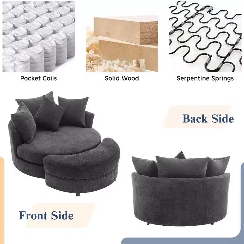 Fauteuil pivotant CLIHOME 360° avec pouf de rangement et 4 oreillers, fauteuil rond d'appoint moderne en chenille