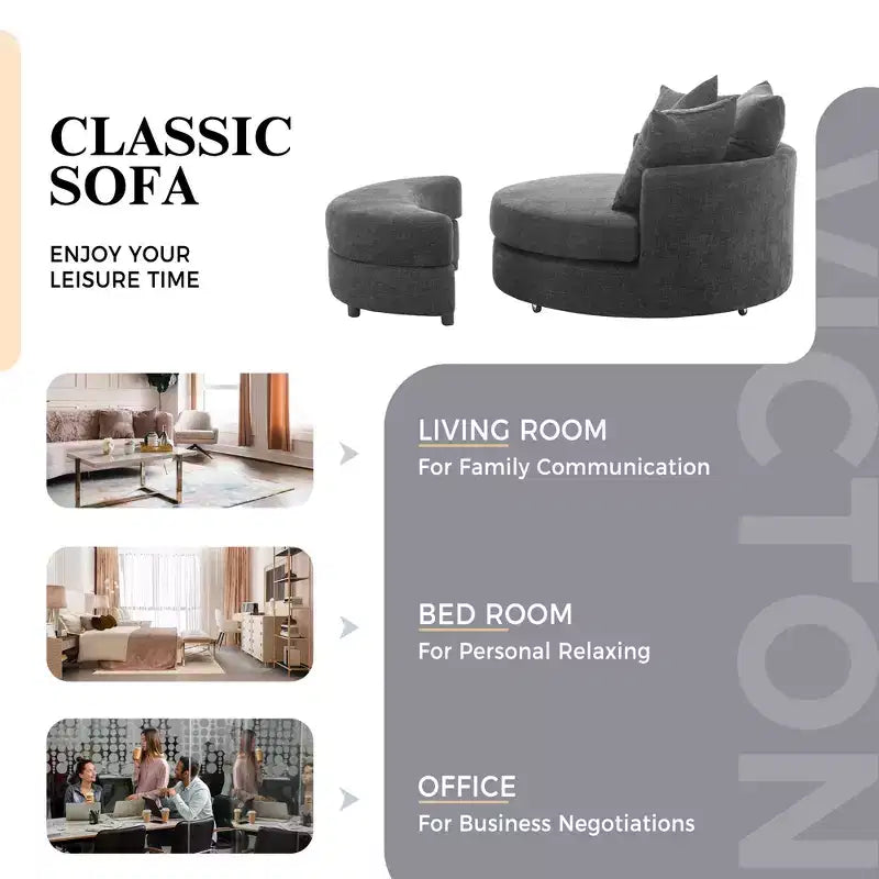Fauteuil pivotant CLIHOME 360° avec pouf de rangement et 4 oreillers, fauteuil rond d'appoint moderne en chenille