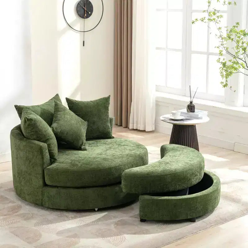 Fauteuil pivotant CLIHOME 360° avec pouf de rangement et 4 oreillers, fauteuil rond d'appoint moderne en chenille
