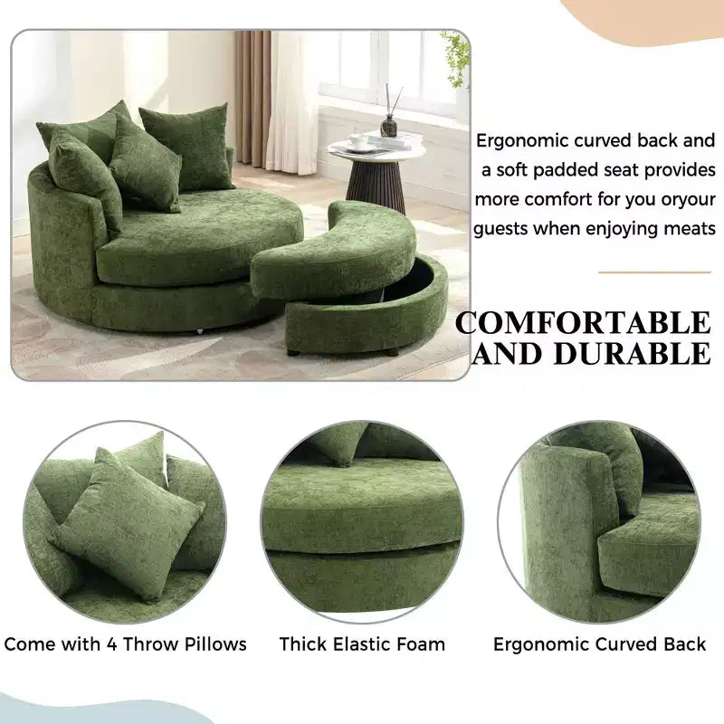 Fauteuil pivotant CLIHOME 360° avec pouf de rangement et 4 oreillers, fauteuil rond d'appoint moderne en chenille