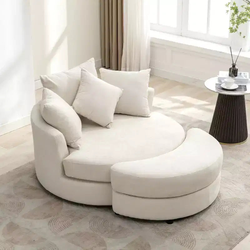 Fauteuil pivotant CLIHOME 360° avec pouf de rangement et 4 oreillers, fauteuil rond d'appoint moderne en chenille