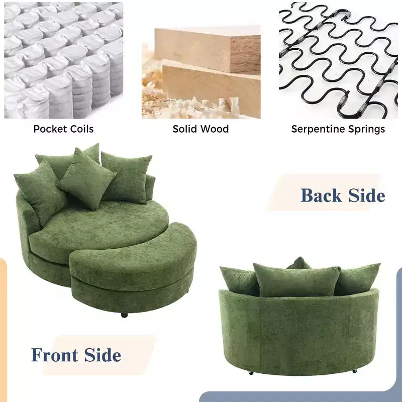 Fauteuil pivotant CLIHOME 360° avec pouf de rangement et 4 oreillers, fauteuil rond d'appoint moderne en chenille