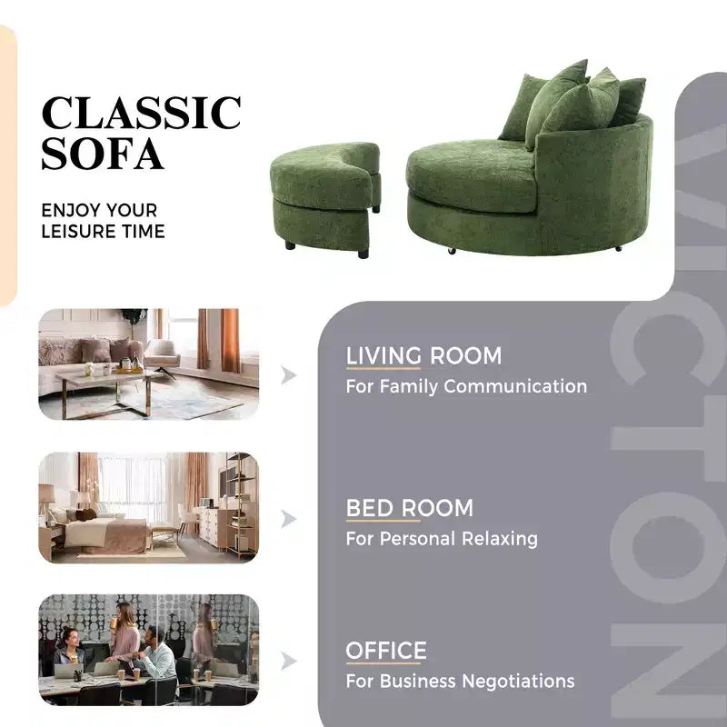 Fauteuil pivotant CLIHOME 360° avec pouf de rangement et 4 oreillers, fauteuil rond d'appoint moderne en chenille