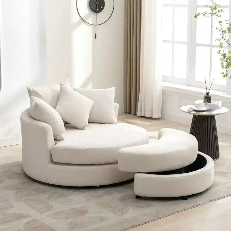 Fauteuil pivotant CLIHOME 360° avec pouf de rangement et 4 oreillers, fauteuil rond d'appoint moderne en chenille