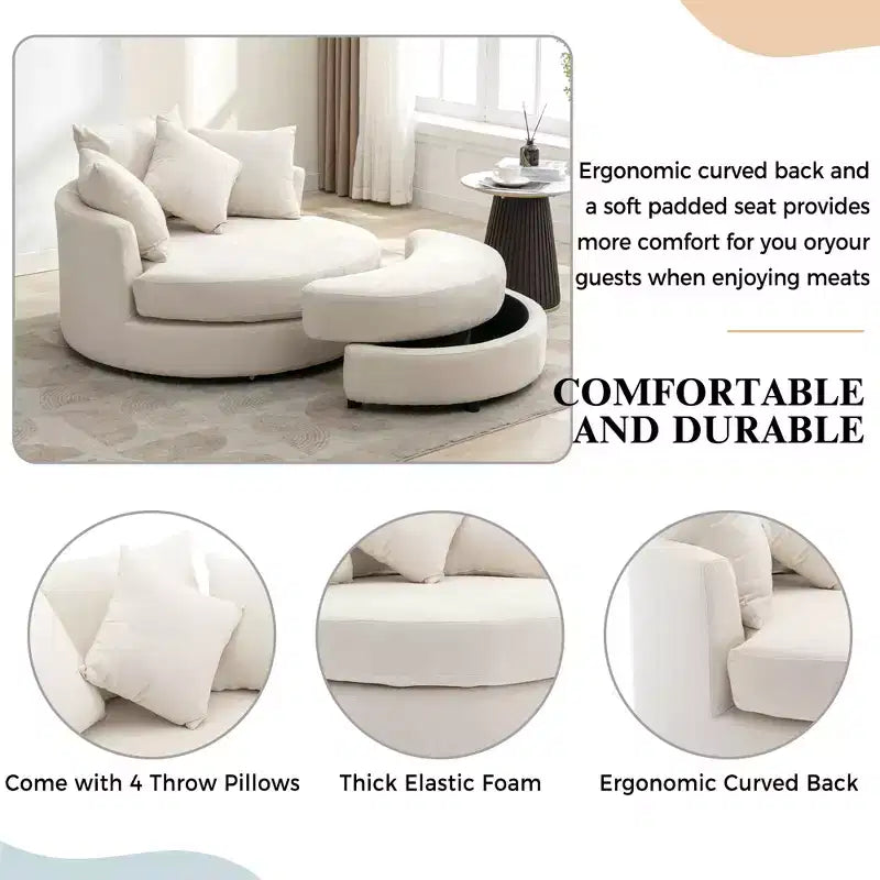 Fauteuil pivotant CLIHOME 360° avec pouf de rangement et 4 oreillers, fauteuil rond d'appoint moderne en chenille