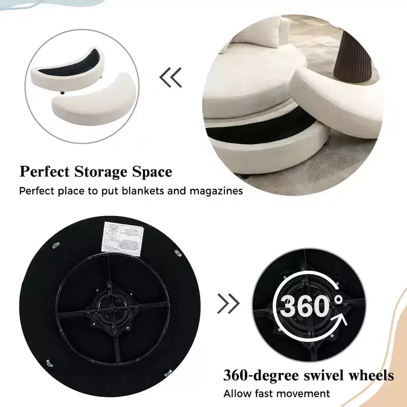 Fauteuil pivotant CLIHOME 360° avec pouf de rangement et 4 oreillers, fauteuil rond d'appoint moderne en chenille
