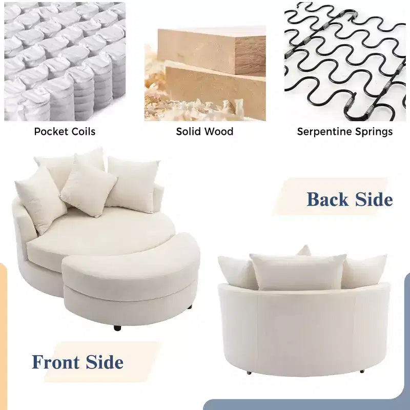 Fauteuil pivotant CLIHOME 360° avec pouf de rangement et 4 oreillers, fauteuil rond d'appoint moderne en chenille