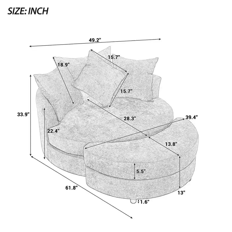 Fauteuil pivotant CLIHOME 360° avec pouf de rangement et 4 oreillers, fauteuil rond d'appoint moderne en chenille