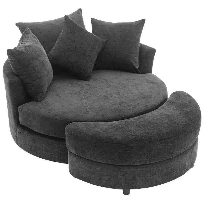 Fauteuil pivotant CLIHOME 360° avec pouf de rangement et 4 oreillers, fauteuil rond d'appoint moderne en chenille