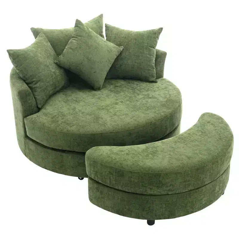 Fauteuil pivotant CLIHOME 360° avec pouf de rangement et 4 oreillers, fauteuil rond d'appoint moderne en chenille