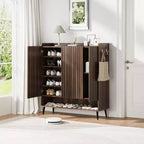 Acekool Armoire à chaussures 6 niveaux, organisateur d'entrée moderne noir sans poignée, 3 portes, crochets intégrés, étagère à chaussures spacieuse