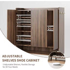 Acekool Armoire à chaussures 6 niveaux, organisateur d'entrée moderne noir sans poignée, 3 portes, crochets intégrés, étagère à chaussures spacieuse