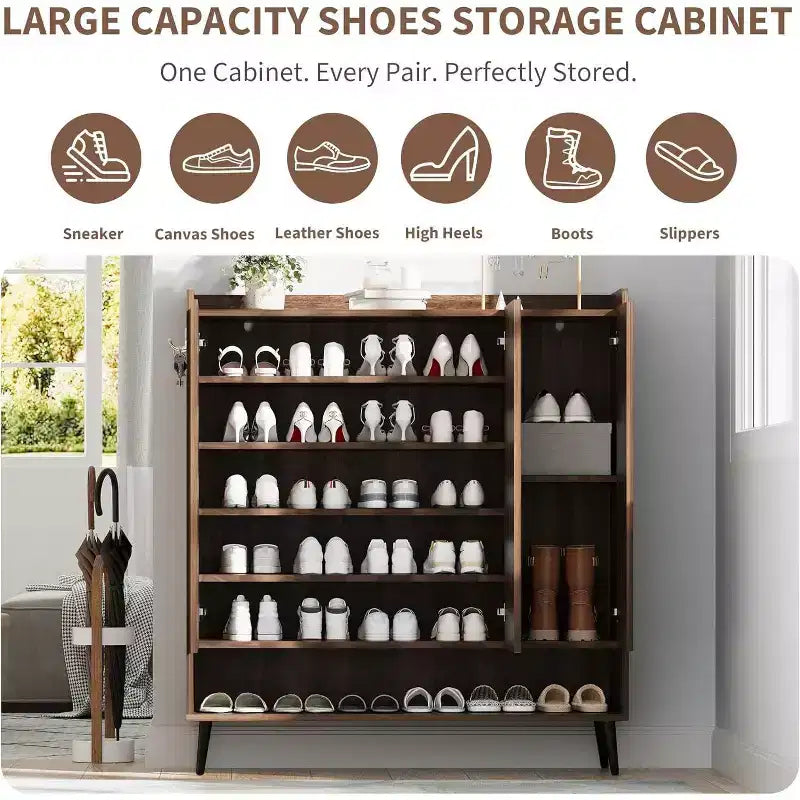 Acekool Armoire à chaussures 6 niveaux, organisateur d'entrée moderne noir sans poignée, 3 portes, crochets intégrés, étagère à chaussures spacieuse