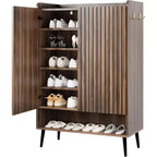 Acekool Armoire à chaussures 6 niveaux, organisateur d'entrée moderne noir sans poignée, 3 portes, crochets intégrés, étagère à chaussures spacieuse