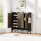Acekool Armoire à chaussures 6 niveaux, organisateur d'entrée moderne noir sans poignée, 3 portes, crochets intégrés, étagère à chaussures spacieuse