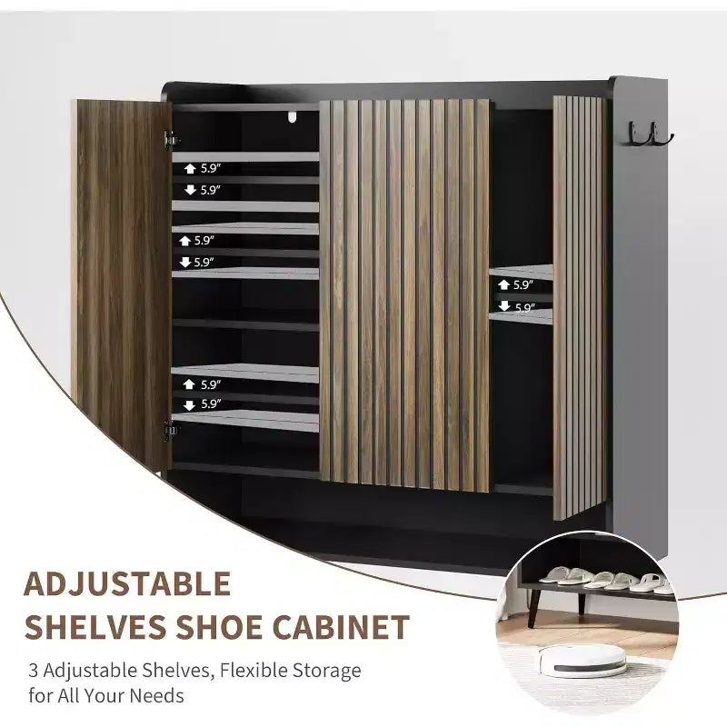 Acekool Armoire à chaussures 6 niveaux, organisateur d'entrée moderne noir sans poignée, 3 portes, crochets intégrés, étagère à chaussures spacieuse