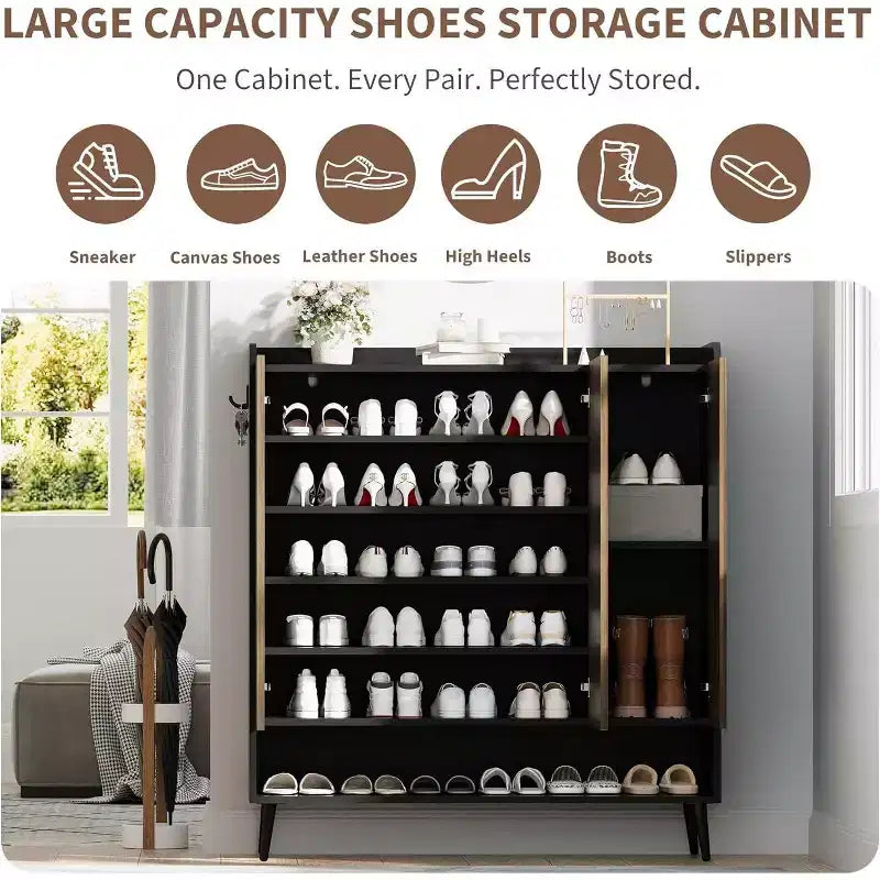 Acekool Armoire à chaussures 6 niveaux, organisateur d'entrée moderne noir sans poignée, 3 portes, crochets intégrés, étagère à chaussures spacieuse