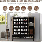 Acekool Armoire à chaussures 6 niveaux, organisateur d'entrée moderne noir sans poignée, 3 portes, crochets intégrés, étagère à chaussures spacieuse